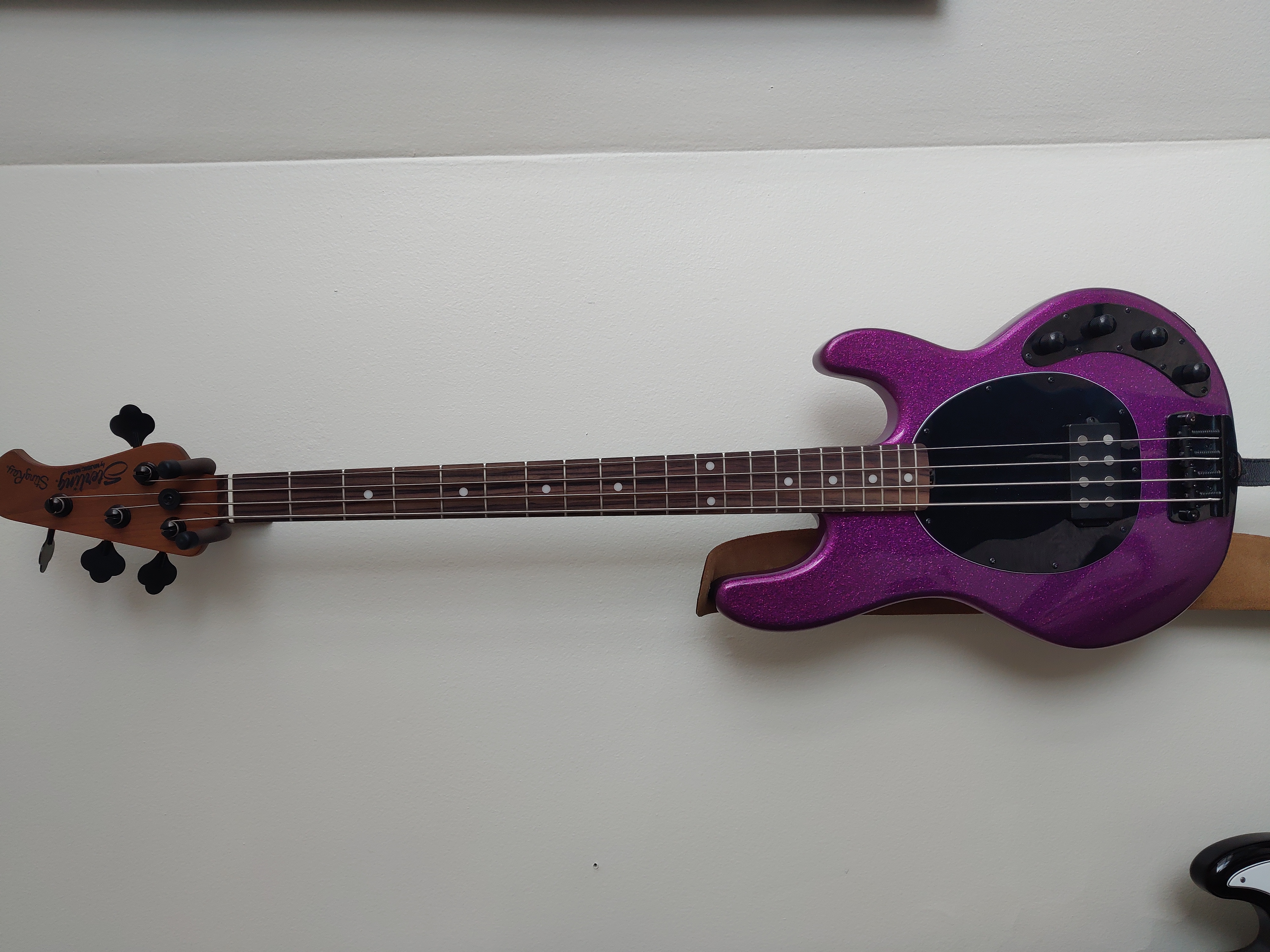 A sparkling purple Sterling Ray4 bass